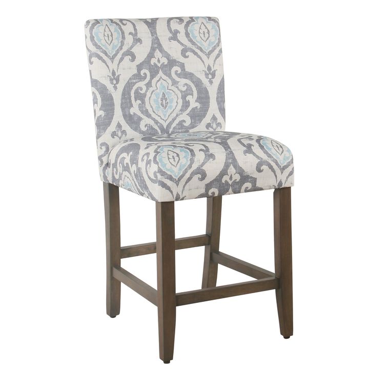 Wooden Counter Height Stool with Damask Pattern Fabric Upholstery, Gray and Blue - Benzara