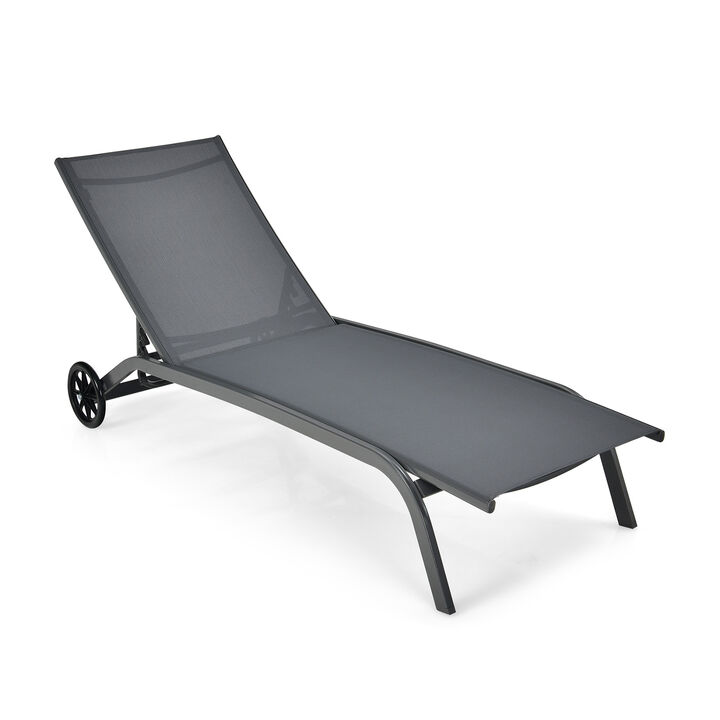 6-Poisition Adjustable Outdoor Chaise Recliner with Wheels