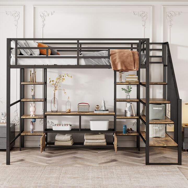 Merax Metal Loft Bed with Staircase and Storage