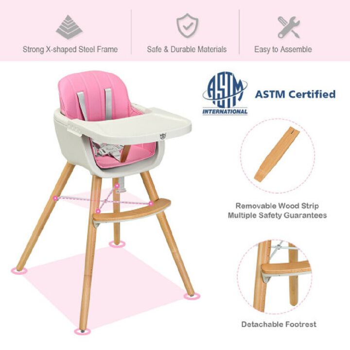 Wooden Baby 3 in 1 Convertible High chair w/ Cushion