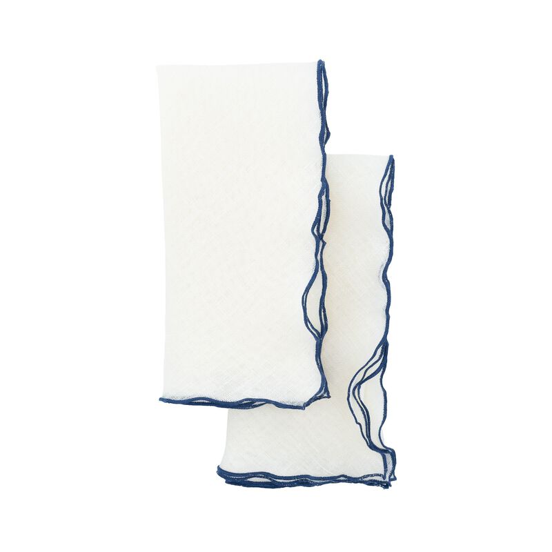 Linen Napkins With Navy Ruffled Edges, Set of 4