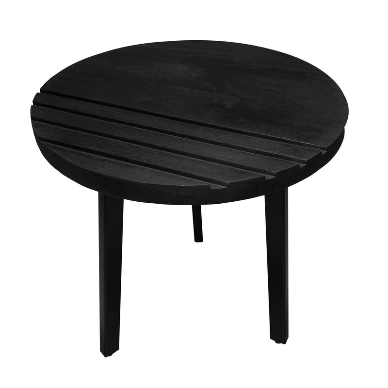 18 Inch Round Mango Wood Side End Table, Grooved Design, Metal Legs, Black-Benzara