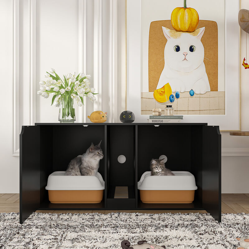Cat Litter Box Enclosure for 2 Cats, Modern Wood Stackable Large Cat Washroom Cabinet Bench End Table Furniture, Black