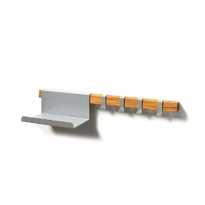 Modern Oak Wood Clothing Rack - Entryway Coat Rack with Gray Metal Hooks and Key Tray