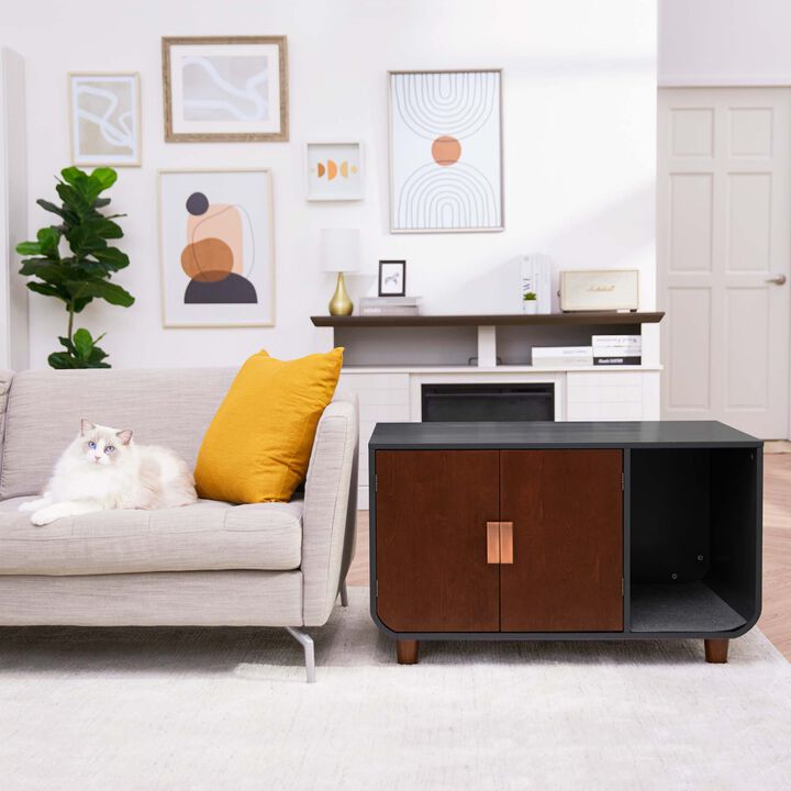 Teamson Pets Dyad Large Mid Century Wooden Cat Litter Box Cabinet and Side Table, Mocha Walnut