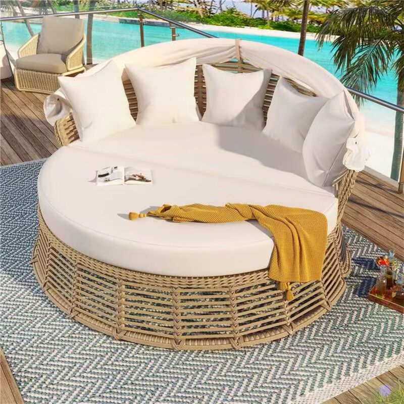 Whisen Outdoor Patio Rattan Round Daybed with Retractable Canopy, Poolside Sofa Sunbed with Removable Cushions - Beige
