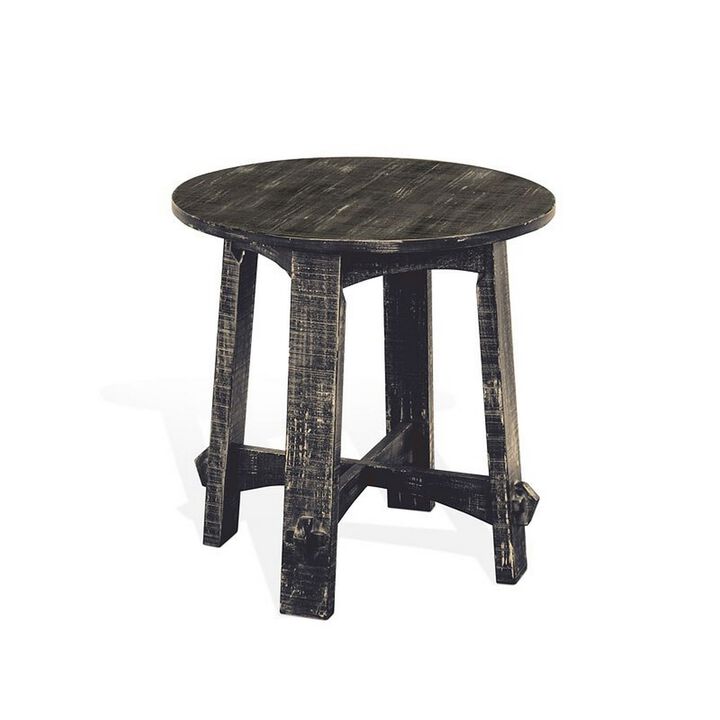 Rena Side End Table, X Legs, 24in Round, Distressed Rustic Black Wood - Benzara