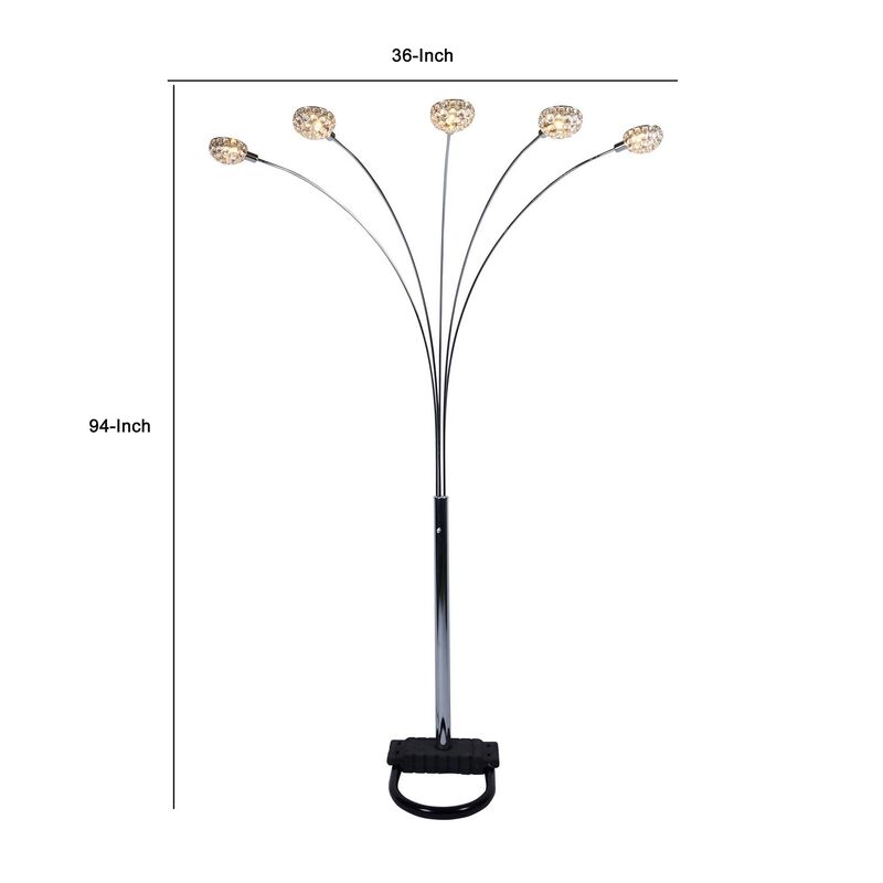 Arya 94 Inch 5 Light Arc Floor Lamp, Crystal Accents, Modern Style, Chrome-Benzara