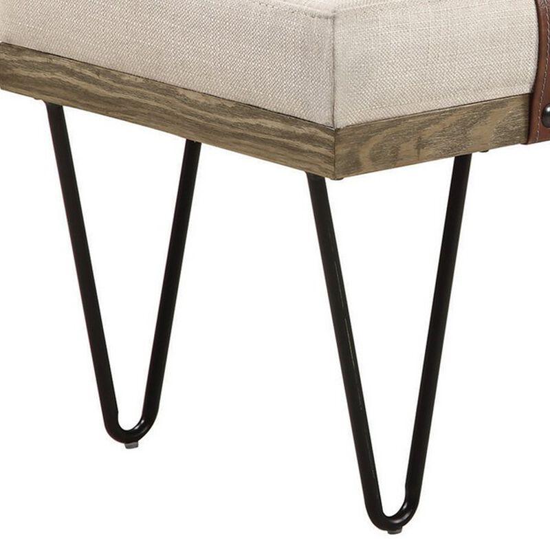 47 Inch Accent Bench, Faux Leather Straps, Black Hairpin Legs, Beige Fabric-Benzara
