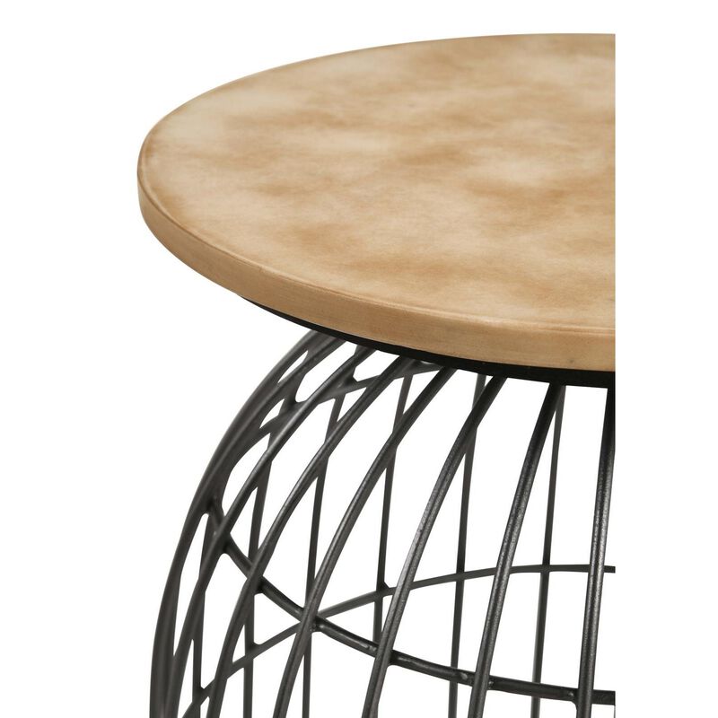 21 Inch Round Accent Table with Bird Cage Style Base, Beige Marble, Black - Benzara