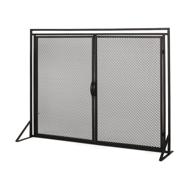 Fireplace Screen, 2 Doors, Open Diamond Mesh Design, Matte Black Iron -Benzara