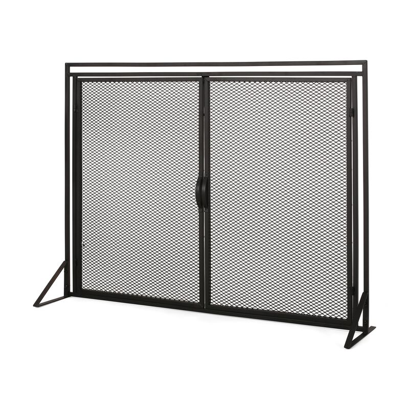 Fireplace Screen, 2 Doors, Open Diamond Mesh Design, Matte Black Iron -Benzara