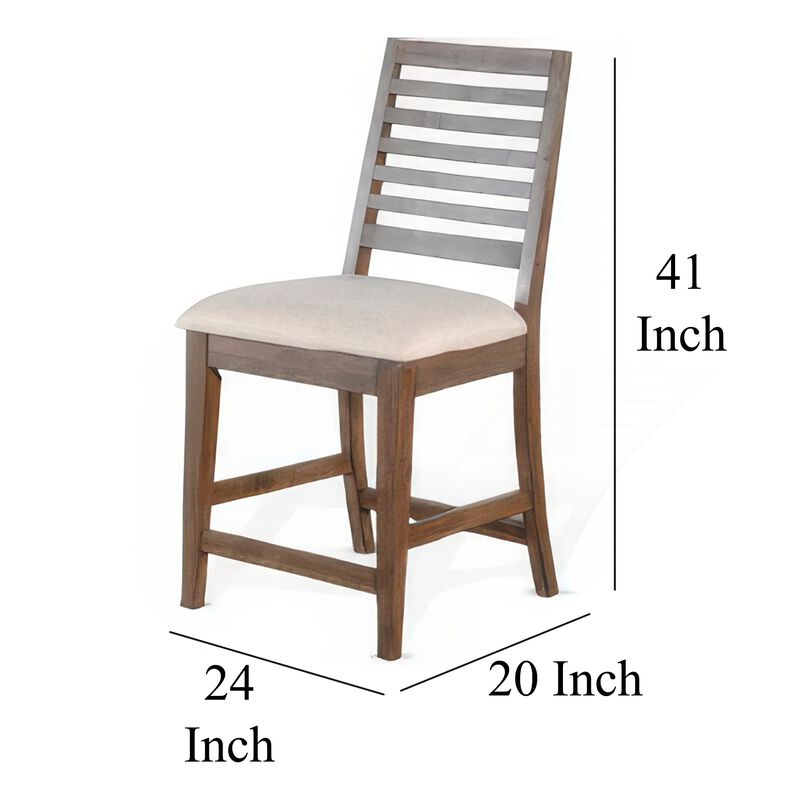 Yael Counter Height Stool Set of 2, Ivory White, Light Brown Wood - Benzara