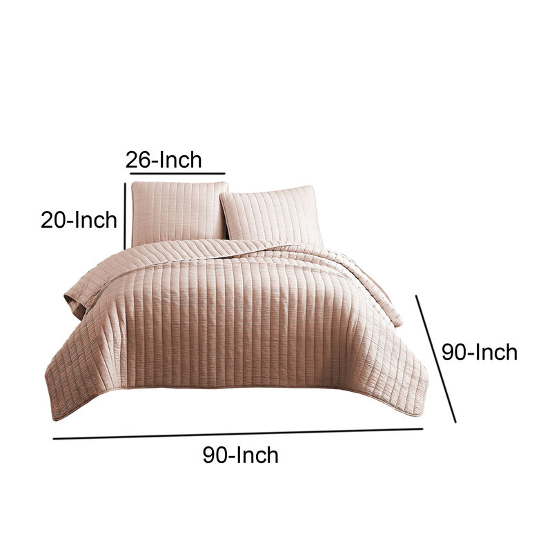 3 Piece Crinkles Queen Size Coverlet Set with Vertical Stitching, Pink-Benzara