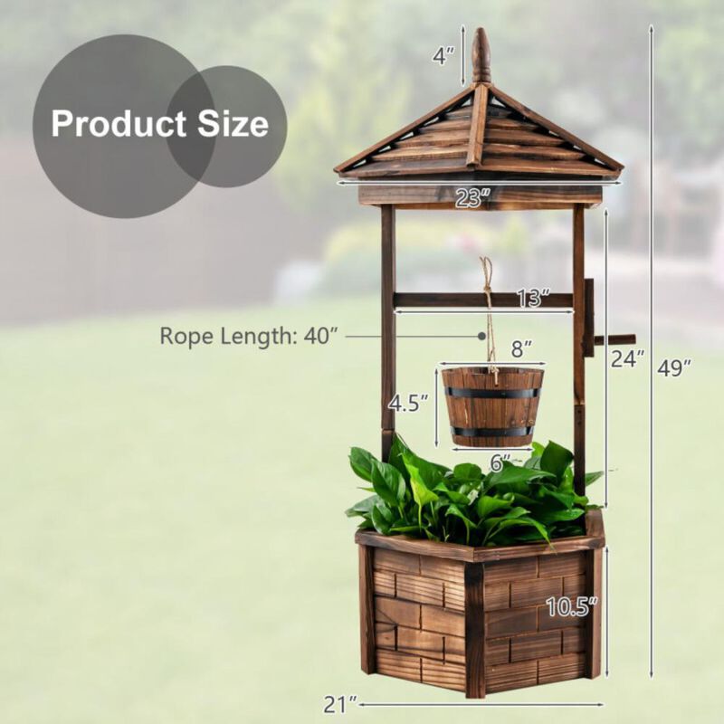 Hivvago Rustic Wooden Wishing Well with Adjustable Hanging Bucket-Brown