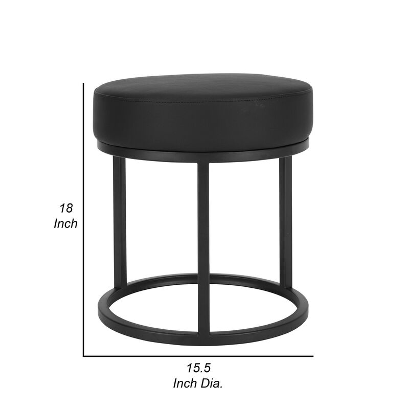18 Inch Accent Stool Ottoman, Round Seat, Open Metal Frame, Black Finish - Benzara