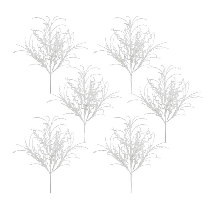 White Glitter Twig Bush for Winter and Holiday Décor (Set of 6)