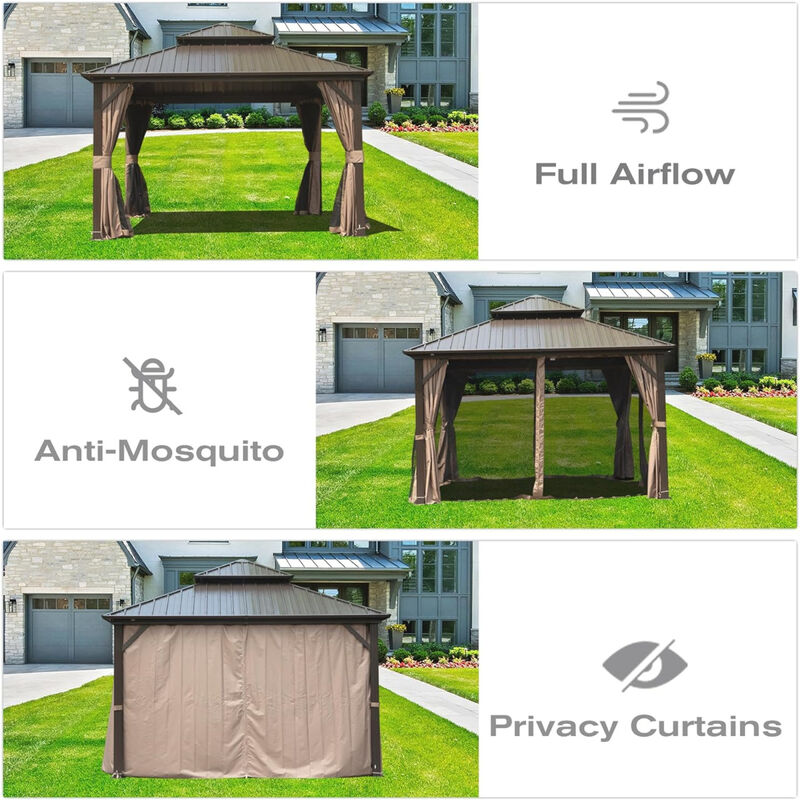 12' X 12' Hardtop Gazebo, Aluminum Metal Gazebo Withnized Steel Double Roof Canopy