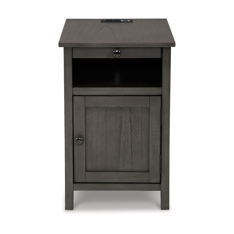 Gena Side End Table, Shelf and Pull Out Tray, Gray Solid Wood 24 Inch - Benzara