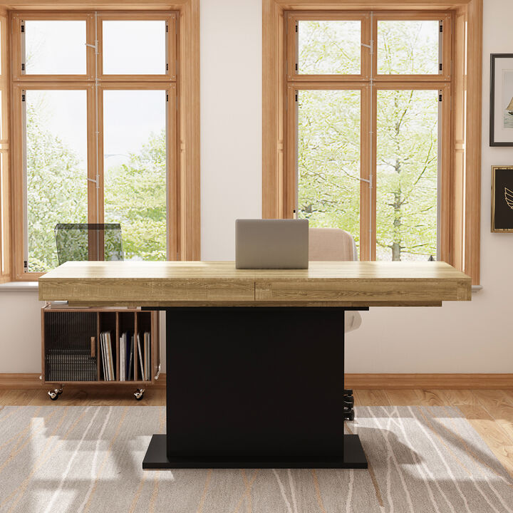 63- 78.7 in. Adjustable Width, Rectangle Wooden Grain Top & Black Bottom, Home Office Desk, Computer Desk, Writing Desk