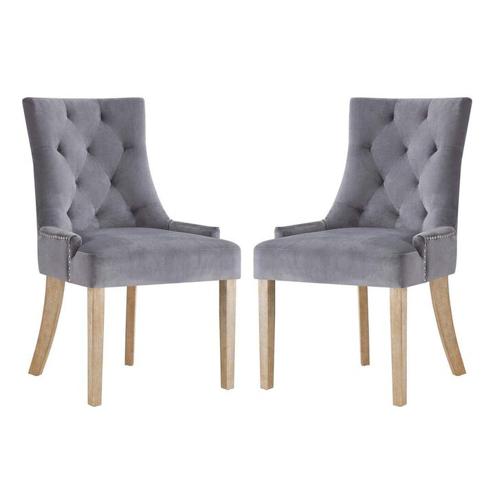 Modway Pose Tufted Performance Velvet Upholstered Two Dining Chairs with Nailhead Trim in Gray