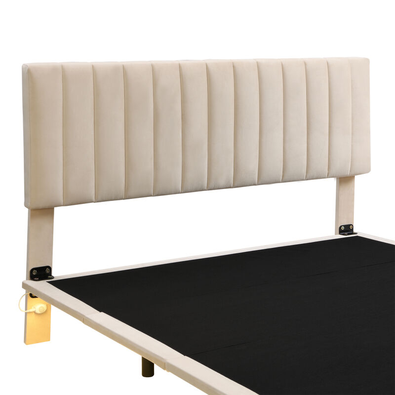 Queen Size Upholstered Bed With Sensor Light And Headboard, Floating Velvet Platform Bed