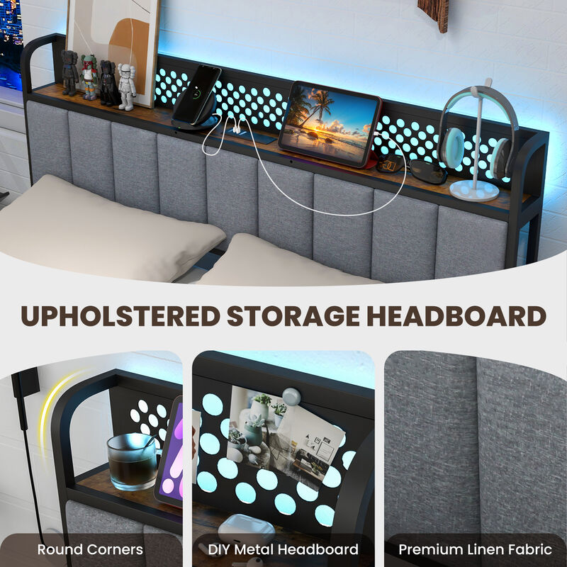 Bed Frame with LED Lights  Upholstered Headboard and 4 Storage Drawers