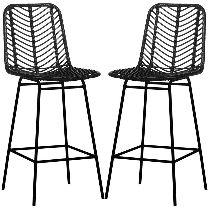 HOMCOM Modern Rattan Bar Stools, Breathable Steel-Base Wicker Counter Height Barstools for Kitchen Counter, Set of 2, Black