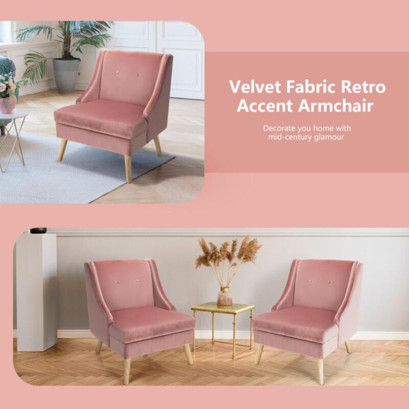 Hivvago Velvet Wing Back Accent Chair with Rubber Wood Legs and Padded Seat for Living Room-Pink