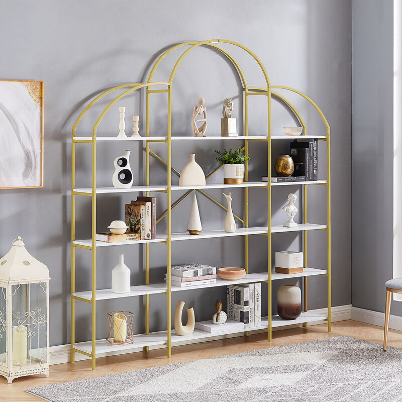 74.8 Inch 5 Tiers Office Bookcase Bookshelf, Display Shelf With Round Top, X Bar Frame