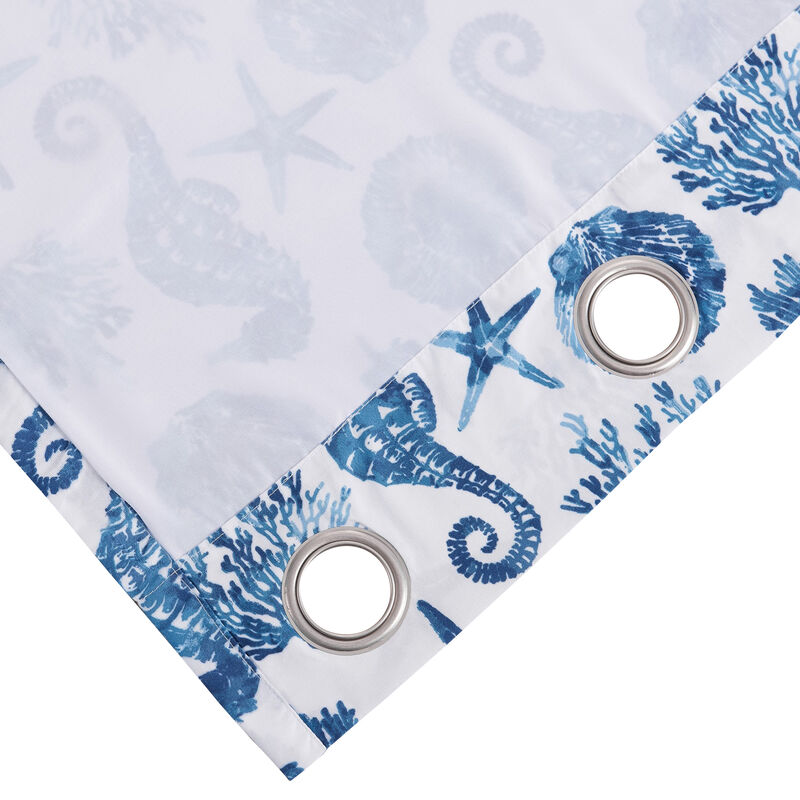 Riga 84 Inch Window Curtains, Blue Seashells Print, Microfiber, Rod Pockets - Benzara