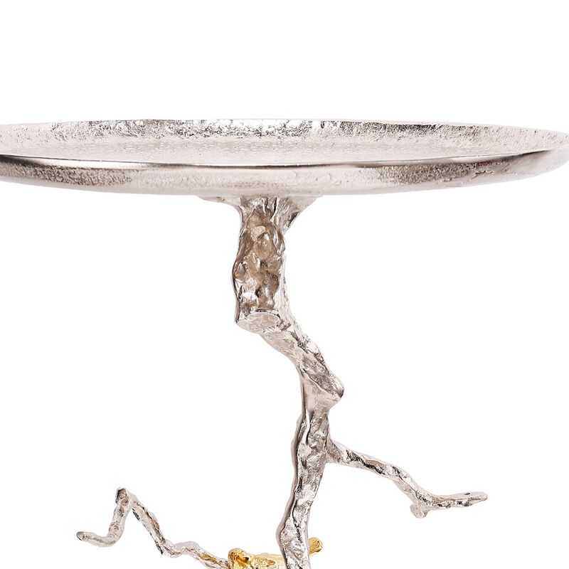 28 Inch Accent Table, Artful Branch Like Frame, Gold Bird Accents, Silver - Benzara