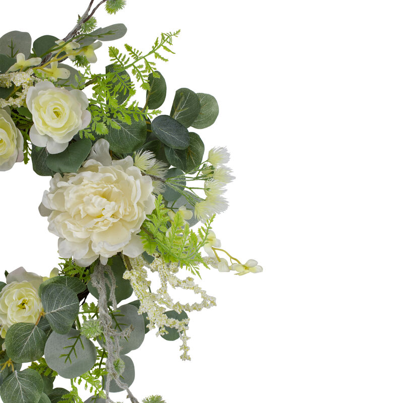 Peony  Rose and Mixed Foliage Artificial Spring Wreath  Unlit   20-Inch