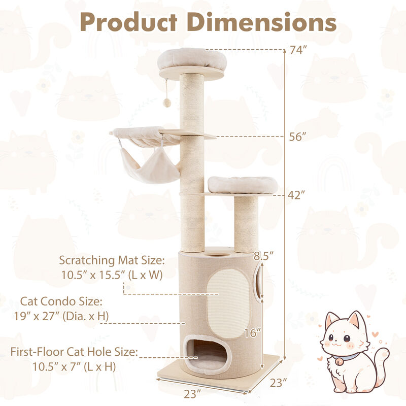 Tall Wooden Cat Tower Tree with 2-Story Cat Condo and Washable Cushions