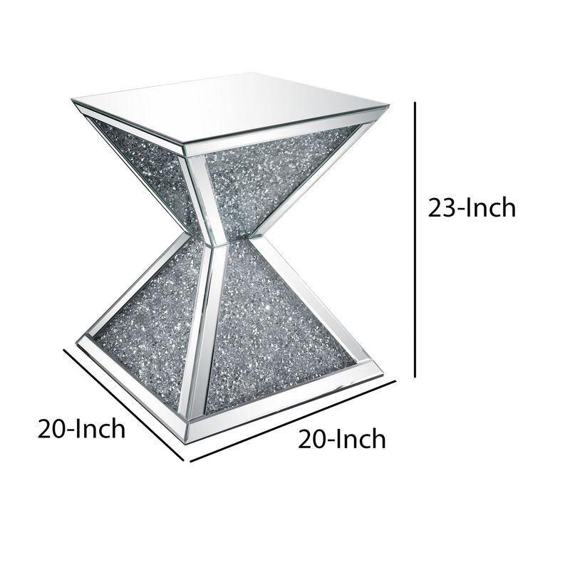 Sparkling End Table with Faux Diamonds Inlay , Silver and Clear-Benzara