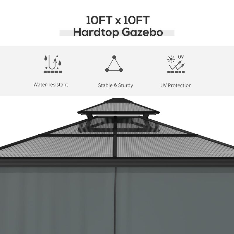Black Backyard Retreat: 10x10 Aluminum Hardtop Gazebo with Curtains