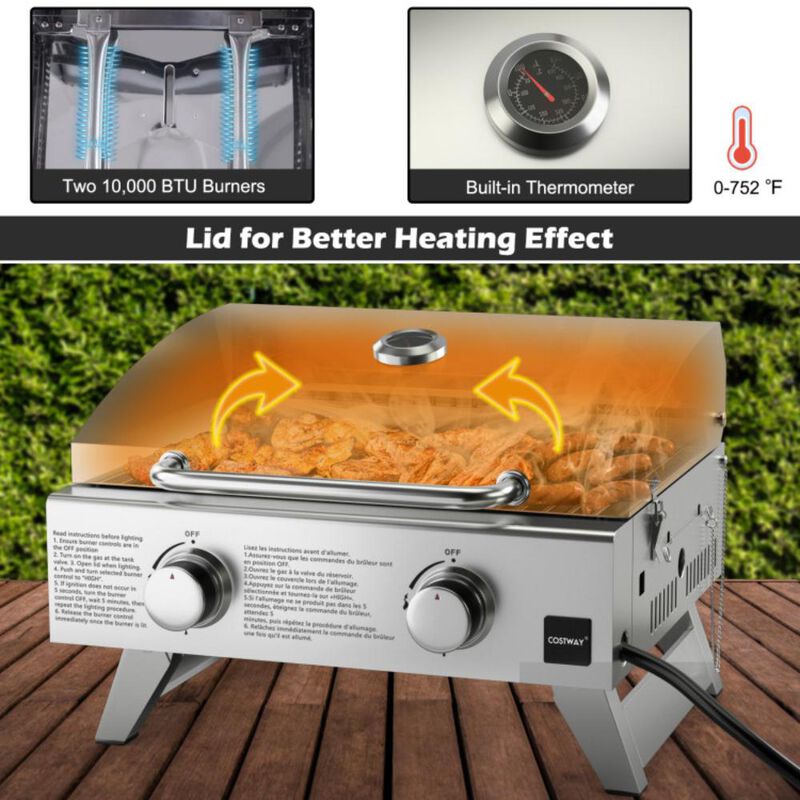 Costway Stainless Steel Propane Grill with Lid for Outdoor Camping Tailgating Picnic Party-Silver