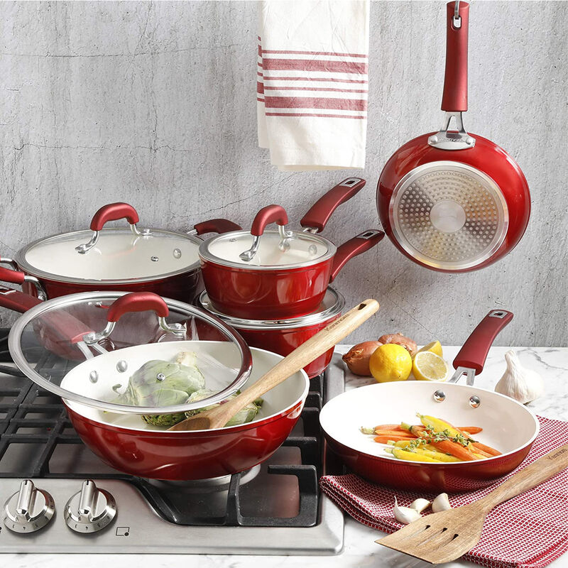 Kenmore Arlington 12 Piece Aluminum Ceramic Coated Nonstick Cookware Set in Metallic Red