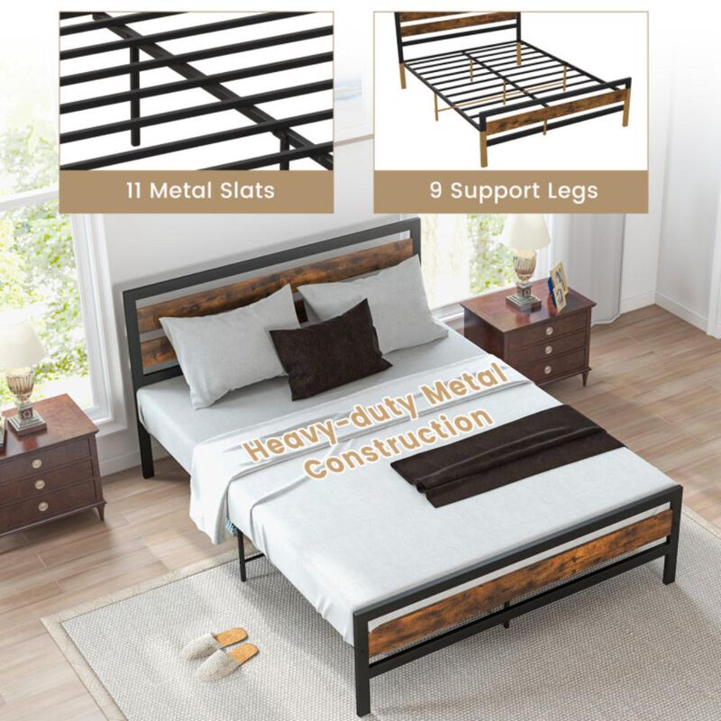 Hivvago Industrial Bed Frame with Rustic Headboard and Footboard