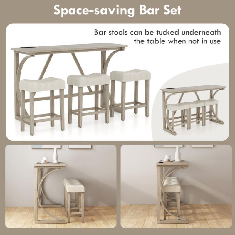 Hivvago 4-Piece Bar Table Set with Power Outlet and Upholstered Saddle Seat Stools