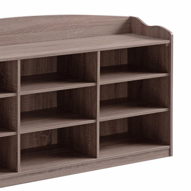 Hale Shoe Bench, 48 Inch Top, 9 Open Compartments, Taupe Brown Finish - Benzara