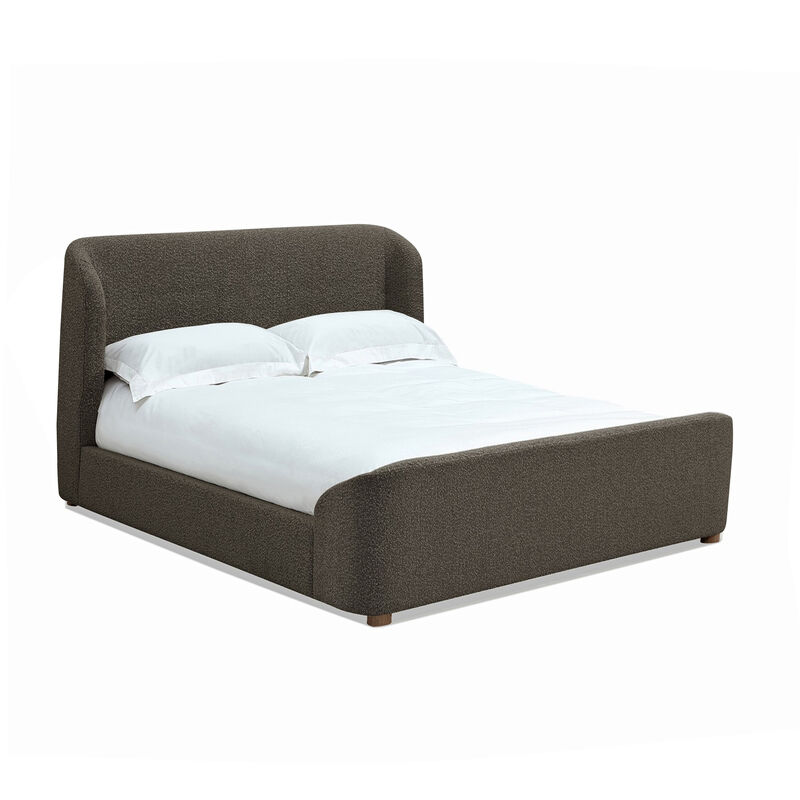 Keni Queen Size Platform Bed, Soft Brown Boucle Upholstery, Curved Design - Benzara