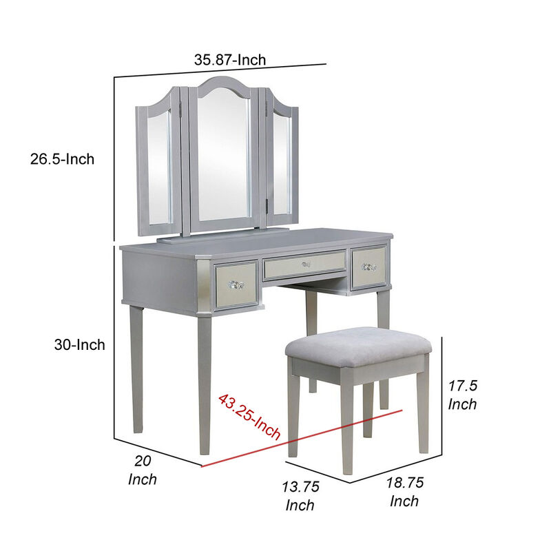 43 Inch Vanity Desk with Stool, Drawers, 3 Sided Mirrors, Silver Wood Frame - Benzara