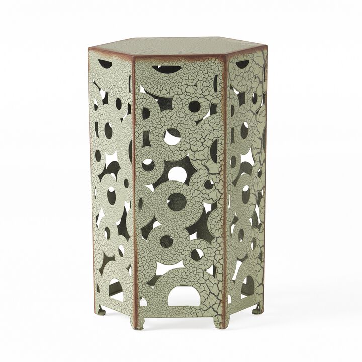Silva Accent Table Set of 2, Hexagonal Top, Cut Pattern, Green Iron - Benzara
