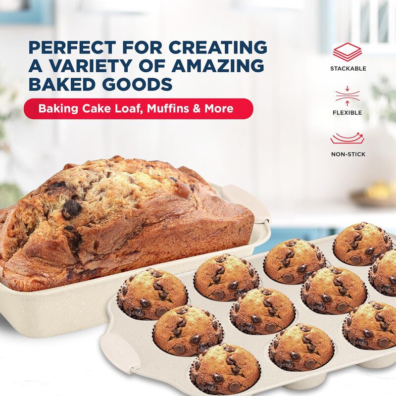 BAKKEN Kitchen Baking Pan Set - Nonstick Coating, Carbon Steel Bakeware Sets with Silicone Handles, Baking Kitchen Essentials, PFOA, PFOS, PTFE Free, Oven Safe Tray (Up To 450° F), Set of 10