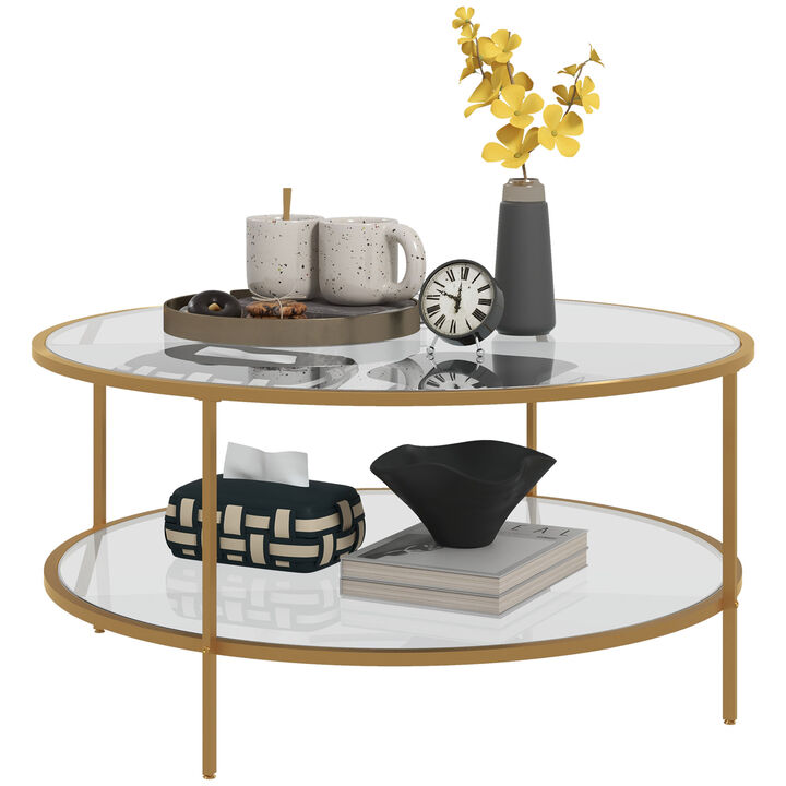 HOMCOM Round Side Table with Storage, 2-Tier End Table Tempered Glass Top