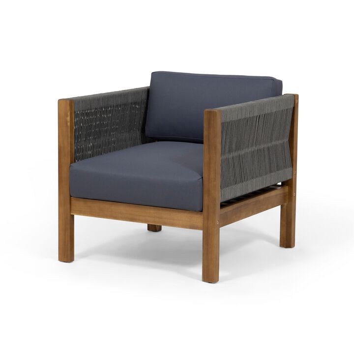 Club Lounge Chair, Woven Rattan Rope, Brown Acacia Wood, Gray Fabric - Benzara