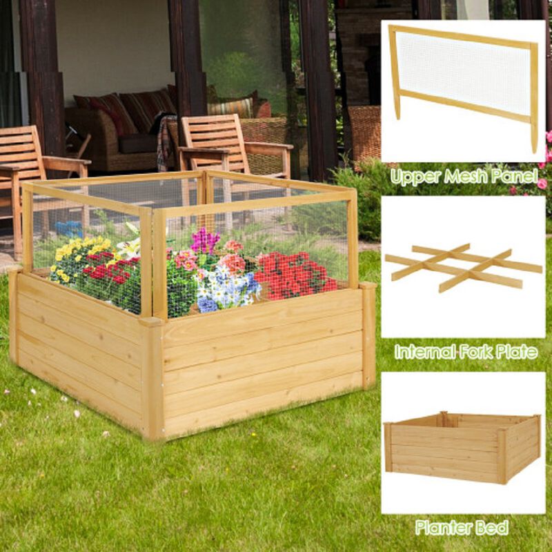 Wooden Raised Garden Box with 9 Grids and Critter Guard Fence