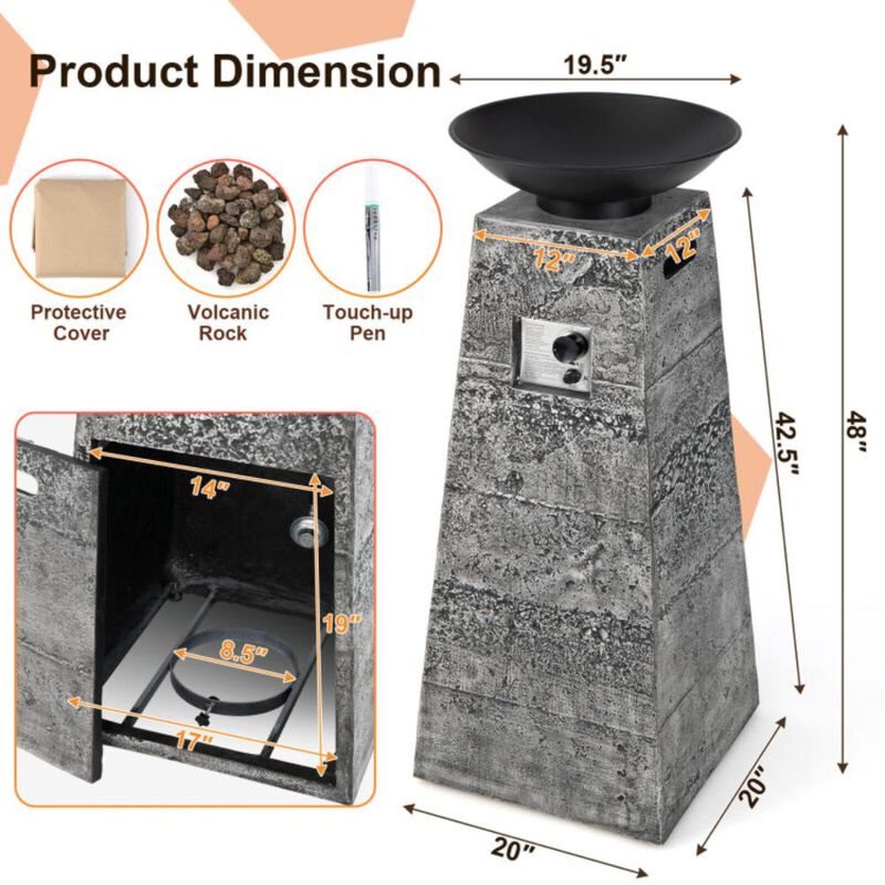 Hivvago 48 Inch Propane Fire Bowl Column with Lava Rocks and PVC Cover-Gray