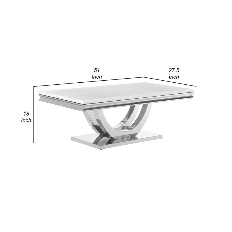Kas 51 Inch Rectangular Coffee Table, White Stone Top, Polished Chrome Base - Benzara